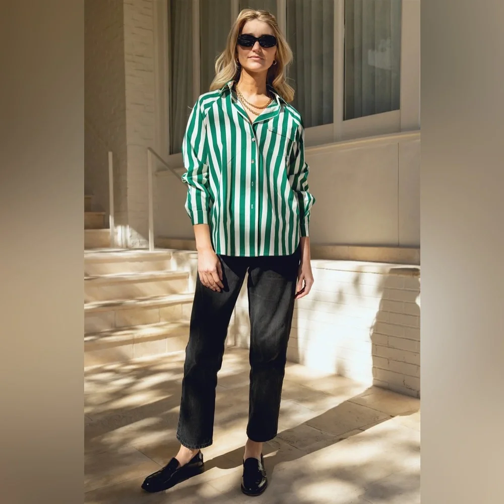 Lady Captain The Captain Shirt Green Cabana Stripe Button Up Fishing Long Sleeve - Picture 12 of 13